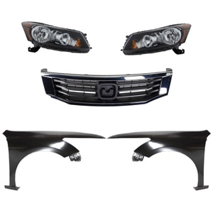 Headlight Assembly Kit for 2008-2010 Honda Accord, Right Passenger and Left Driver Halogen, 5-Piece Kit with Fenders and Grille, Replacement