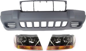 Front Bumper Cover and Headlight Kit for 1999-2003 Jeep Grand Cherokee, 3-Piece Set, Replacement