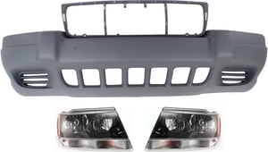 Front Bumper Cover for Jeep Grand Cherokee 1999-2003, 3-Piece Kit with Headlights, Replacement