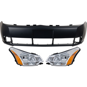 Headlight Assembly Kit for 2008-2011 Ford Focus, Right Passenger and Left Driver, Halogen, 3-Piece with Bumper Cover Replacement