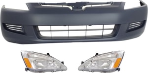 Headlight Assembly Kit for 2003-2005 Honda Accord, Right Passenger & Left Driver, 3-Piece Kit with Halogen Lights and Bumper Cover Replacement