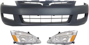 Headlight Assembly Kit for Honda Accord 2003-2005, Right Passenger and Left Driver, Halogen, 3-Piece with Bumper Cover, Replacement