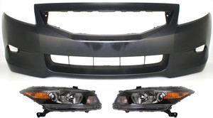 Headlight Assembly Kit for 2008-2010 Honda Accord, Right Passenger and Left Driver, Halogen, 3-Piece with Bumper Cover, Replacement