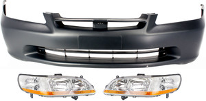 Headlight Kit for Honda Accord 1998-2000, Right Passenger and Left Driver, Lens and Housing, Halogen, 3-Piece with Bumper Cover - Replacement