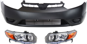 Headlight Kit for 2006-2008 Honda Civic, Right Passenger and Left Driver Lens and Housing, Halogen, 3-Piece with Bumper Cover, Replacement