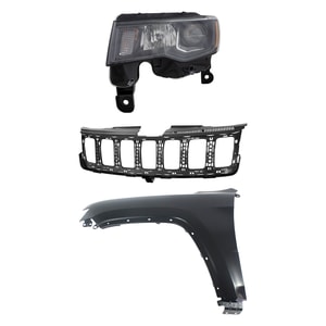 Headlight Assembly Kit for 2017-2021 Jeep Grand Cherokee, Left Driver, Halogen, 3-Piece with Fender and Grille Assembly, Replacement