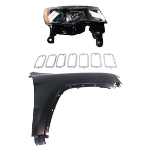 Headlight Assembly for Jeep Grand Cherokee 2017-2021, Right Passenger Side, Halogen, 3-Piece Kit with Fender and Grille Assembly, Replacement