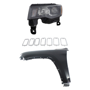 Headlight Assembly Kit for Jeep Grand Cherokee 2017-2021, Left Driver, Halogen, 3-Piece with Fender and Grille Assembly, Replacement
