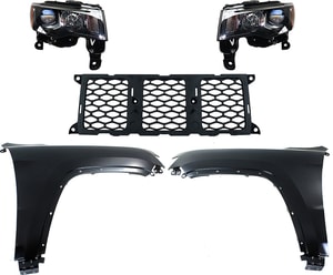 Headlight Assembly for Jeep Grand Cherokee 2017-2021, Right Passenger and Left Driver, 5-Piece Kit, Halogen, with Grille Assembly and Fenders - (CAPA), Replacement