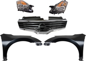 Headlight Assembly Kit for 2007 Nissan Altima, Right Passenger and Left Driver, 5-Piece Kit, includes Halogen Lights, Fenders, and Grille Assembly Replacement