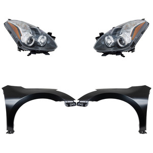Headlight Assembly Kit for 2010-2012 Nissan Altima, Right Passenger and Left Driver, Halogen, 4-Piece with Fenders, Replacement