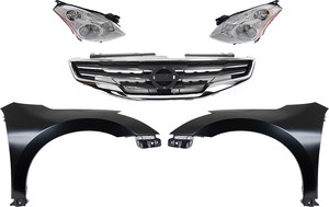 Headlight Lens and Housing Kit for 2010-2012 Nissan Altima, Xenon, Right Passenger and Left Driver, 5-Piece with Fenders and Grille Assembly, Replacement