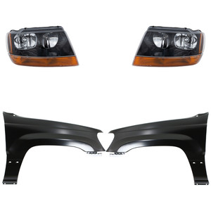 Headlight Assembly for Jeep Grand Cherokee 1999-2003, Right Passenger and Left Driver, Halogen, 4-Piece Kit with Fenders, Replacement