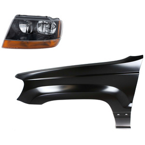 Headlight Assembly for Jeep Grand Cherokee 1999-2003, Left Driver Side, Halogen, 2-Piece Kit with Fender, Replacement