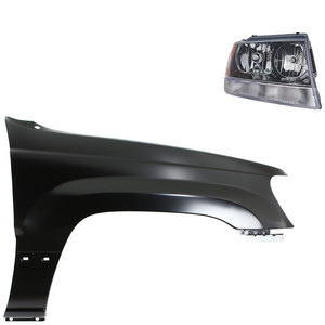 Headlight Assembly for 2002 Jeep Grand Cherokee, Right Passenger Side, Halogen, 2-Piece Kit, with Fender, Replacement