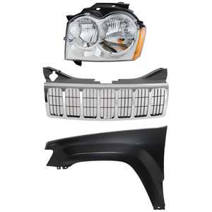 Headlight Assembly Kit for 2005-2007 Jeep Grand Cherokee, Left Driver Side, 3-Piece Set with Halogen Light, Includes Fender and Grille Assembly, Replacement