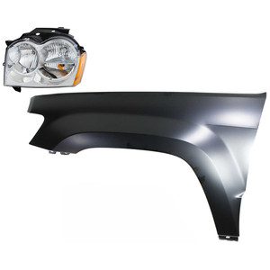 Headlight Assembly Kit for Jeep Grand Cherokee 2005-2007, Left Driver, Halogen Light, 2-Piece Kit, with Fender Replacement