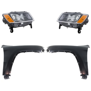 Headlight Assembly Kit for Jeep Grand Cherokee 2014-2016, Right Passenger and Left Driver, Halogen, Includes 4-Piece Kit with Fenders, Replacement