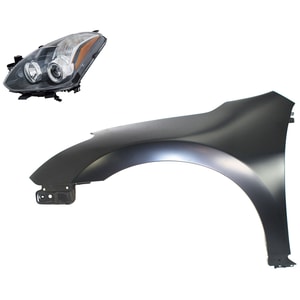 Front Fender for 2010-2013 Nissan Altima, Left Driver, Primed (Ready to Paint), 2-Piece Kit with Headlight, Replacement