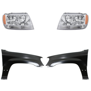 Headlight Assembly Kit for Jeep Grand Cherokee 2004, Right Passenger and Left Driver, Halogen, 4-Piece with Fenders, Replacement
