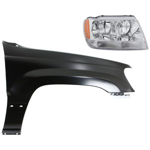 Headlight Assembly for Jeep Grand Cherokee 2004, Right Passenger Halogen, 2-Piece Kit with Fender, Replacement