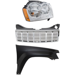 Chrome Shell and Insert Grille for 2005-2007 Jeep Grand Cherokee, 3-Piece Kit with Fender and Headlight, Replacement