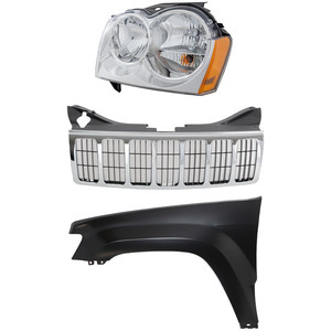 3-Piece Kit for Jeep Grand Cherokee 2005-2007: Chrome Shell and Insert Grille with Fender and Headlight Replacement Set