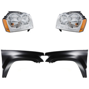 Headlight Assembly Kit for 2005-2007 Jeep Grand Cherokee, Right Passenger and Left Driver Side, Halogen, 4-Piece Kit with Fenders, Replacement