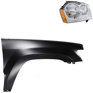 Headlight Assembly Kit for 2005-2007 Jeep Grand Cherokee, Right Passenger Side, 2-Piece Halogen Set with Fender, Replacement