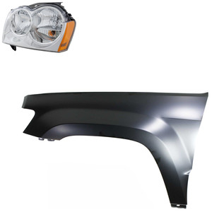 Headlight Assembly for Jeep Grand Cherokee 2005-2007 Left Driver, Halogen, 2-Piece Kit with Fender Replacement