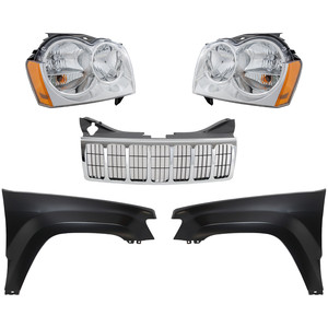 Grille Kit for Jeep Grand Cherokee 2005-2007, Chrome Shell and Insert, 5-Piece Set with Fenders and Headlights, Replacement