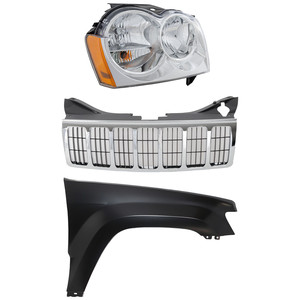Grille Kit for 2005-2007 Jeep Grand Cherokee, Chrome Shell and Insert, 3-Piece Kit with Fender and Headlight Replacement
