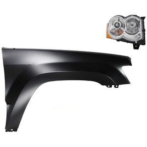 Headlight with Lens and Housing for 2008-2009 Jeep Grand Cherokee, Right Passenger Side, Xenon, 2-Piece Kit, with Fender, Replacement