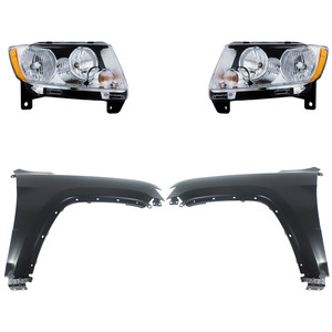 Headlight Assembly Kit for 2011-2013 Jeep Grand Cherokee, Right Passenger and Left Driver Halogen Lights, 4-Piece Set with Fenders, Replacement