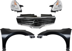 Headlight Kit for 2008-2009 Nissan Altima, Right Passenger and Left Driver, Lens and Housing, Halogen, 5-Piece Kit with Fenders and Grille Assembly, Replacement