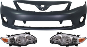 Headlight Kit for 2011-2013 Toyota Corolla, Right Passenger and Left Driver with Lens and Housing, Halogen, 3-Piece with Bumper Cover, Replacement
