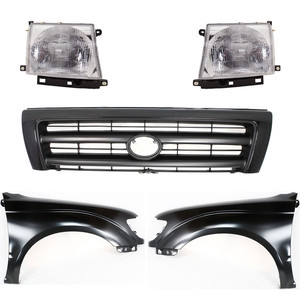 Front Fender Kit for 1997-2000 Toyota Tacoma, Right Passenger and Left Driver, Primed (Ready to Paint), 5-Piece Set with Grille and Headlights, Replacement