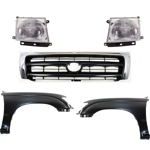 Front Fender Kit for 1997-2000 Toyota Tacoma, Includes Right Passenger & Left Driver Side, Primed (Ready to Paint), 5-Piece Set with Grille and Headlights, Replacement