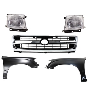 Front Fender Kit for Toyota Tacoma 1997-2000, Right Passenger and Left Driver Sides, Primed (Ready to Paint), 5-Piece Set with Grille and Headlights, Replacement