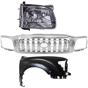 Grille Kit for Toyota Tacoma 2001-2004: Chrome Shell and Insert, 3-Piece Set, with Fender and Headlight Replacement