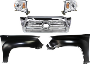Grille Kit for Toyota Tacoma 2005-2008, Chrome Shell and Insert, 5-Piece Kit, Complete with Fenders and Headlights Replacement