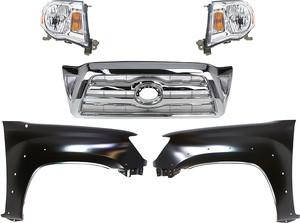 Grille Kit for 2005-2008 Toyota Tacoma, Chrome Shell and Insert, 5-Piece Set with Fenders and Headlights, Replacement