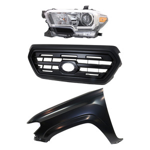 Grille Kit for 2016-2017 Toyota Tacoma, Painted Black Shell and Insert, 3-Piece Set with Fender and Headlight, Replacement