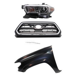 3-Piece Kit Grille for Toyota Tacoma 2016-2017, Chrome Shell with Painted Black Insert, Includes Fender and Headlight Replacement