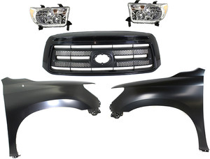5-Piece Kit Grille for Toyota Tundra 2010-2013, Painted Black Shell and Insert, with Fenders and Headlights Replacement