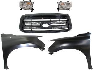 Headlight Assembly Kit for 2010-2013 Toyota Tundra, Right Passenger and Left Driver, Halogen, 5-Piece Kit with Fenders and Grille Assembly, (CAPA) Replacement