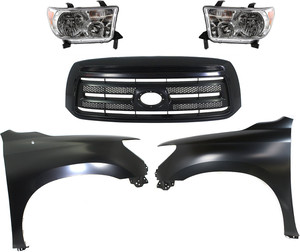 Grille for Toyota Tundra 2010-2013, Painted Black Shell, Insert, 5-Piece Kit with Fenders, Headlights Replacement