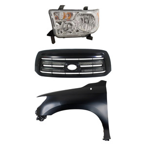 Headlight Assembly Kit for 2010-2013 Toyota Tundra Left Driver, includes Halogen 3-Piece Set with Fender and Grille Assembly - (CAPA) Replacement