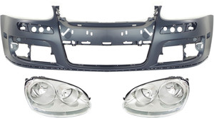 Headlight Assembly Kit for Volkswagen Jetta 2005-2010 / GTI 2006-2007, Right Passenger and Left Driver, Halogen, 3-Piece with Bumper Cover, Replacement