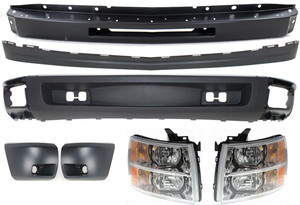 Headlight Assembly Kit for Chevrolet Silverado 1500 2009-2013, Right Passenger and Left Driver, Halogen, 7-Piece with Bumper, Bumper Ends, and Valances - Replacement